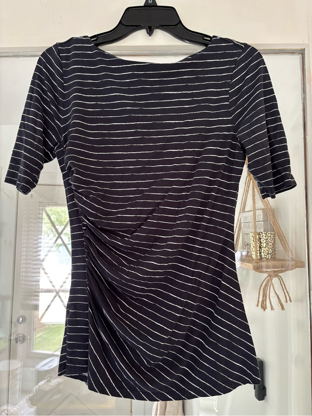 Boss Black & White Striped Boatneck Short-Sleeve Ruched Top
